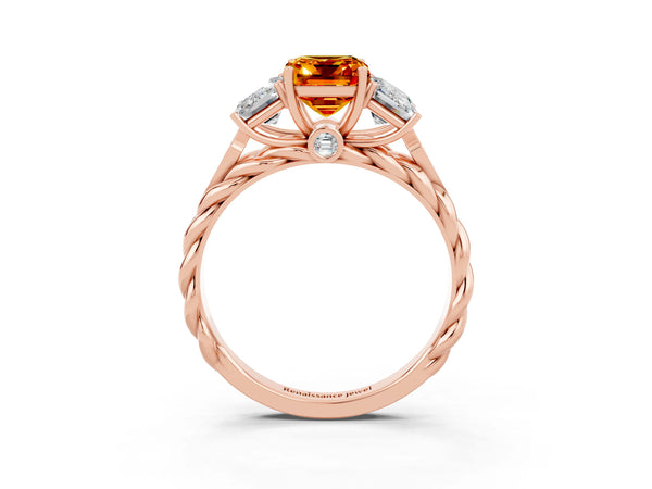 Rose gold Three-Stone Emerald Cut Citrine Braided Band Ring with Four-Prong Setting