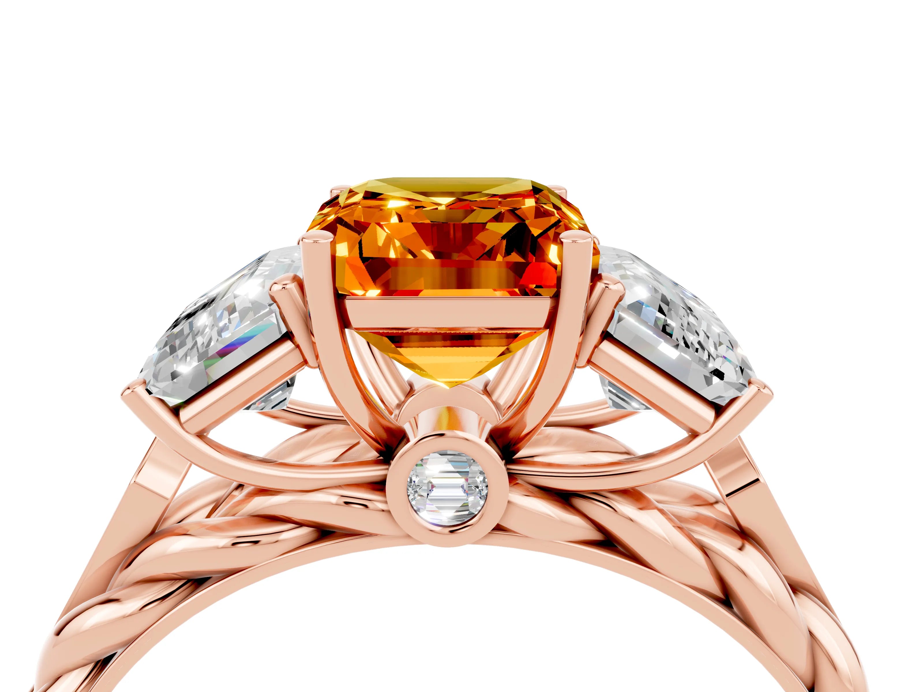 Rose gold Three-Stone Emerald Cut Citrine Braided Band Ring with Four-Prong Setting_40