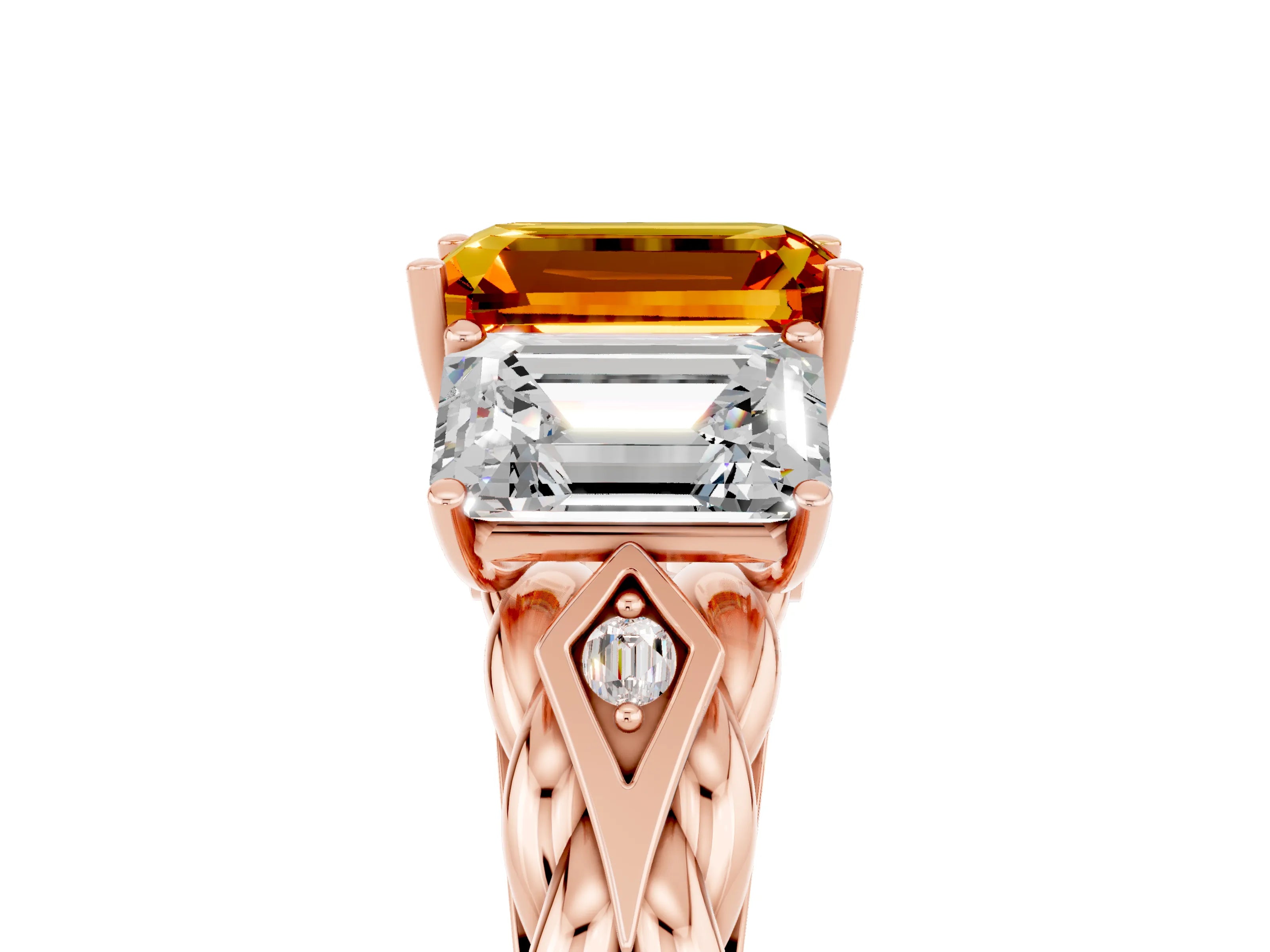 Rose gold Three-Stone Emerald Cut Citrine Braided Band Ring with Four-Prong Setting_41