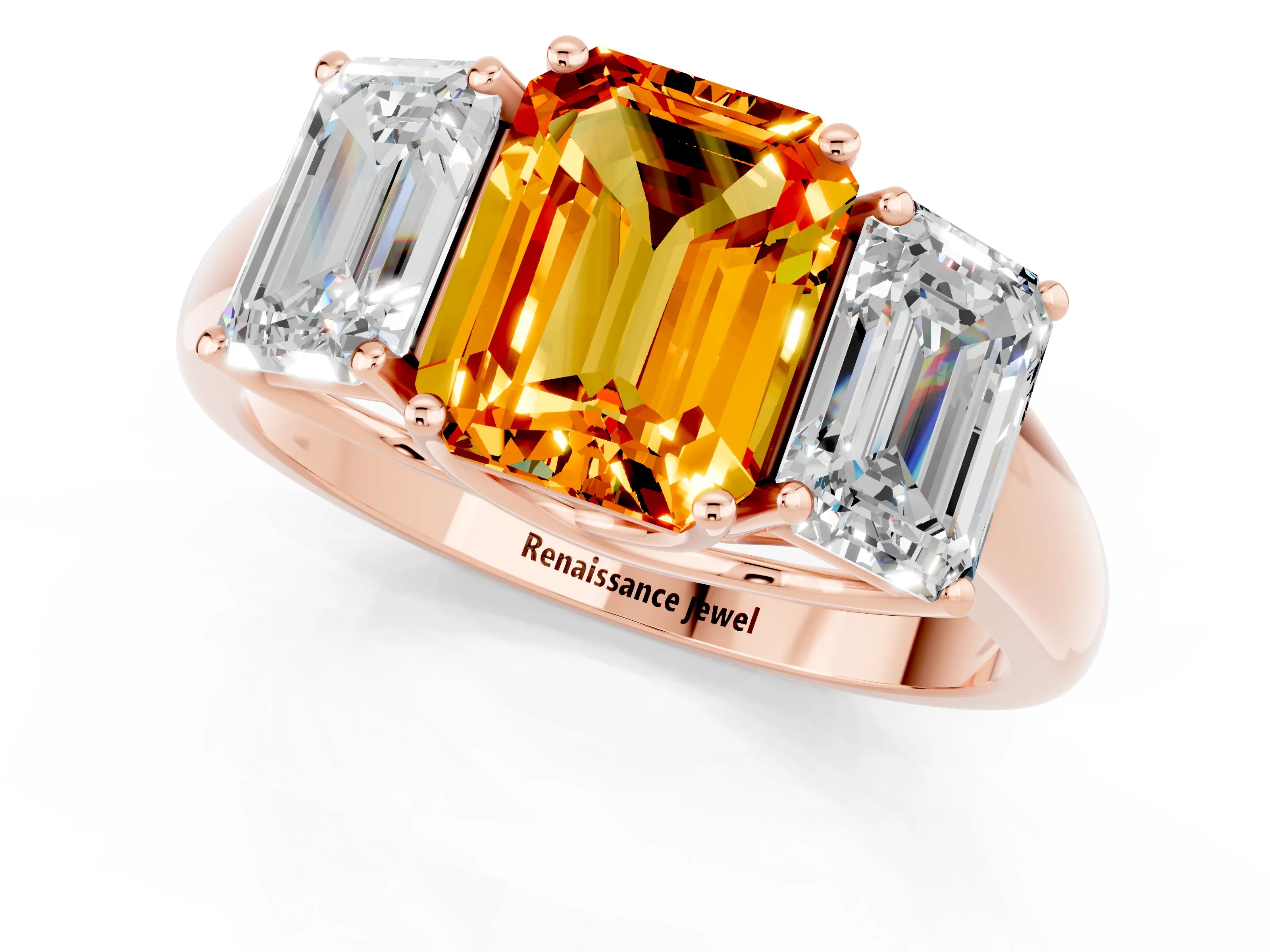 Rose gold Three-Stone Emerald Cut Citrine Engagement Ring with Prong Setting_1