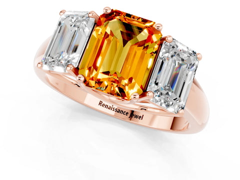 Rose gold Three-Stone Emerald Cut Citrine Engagement Ring with Prong Setting_1