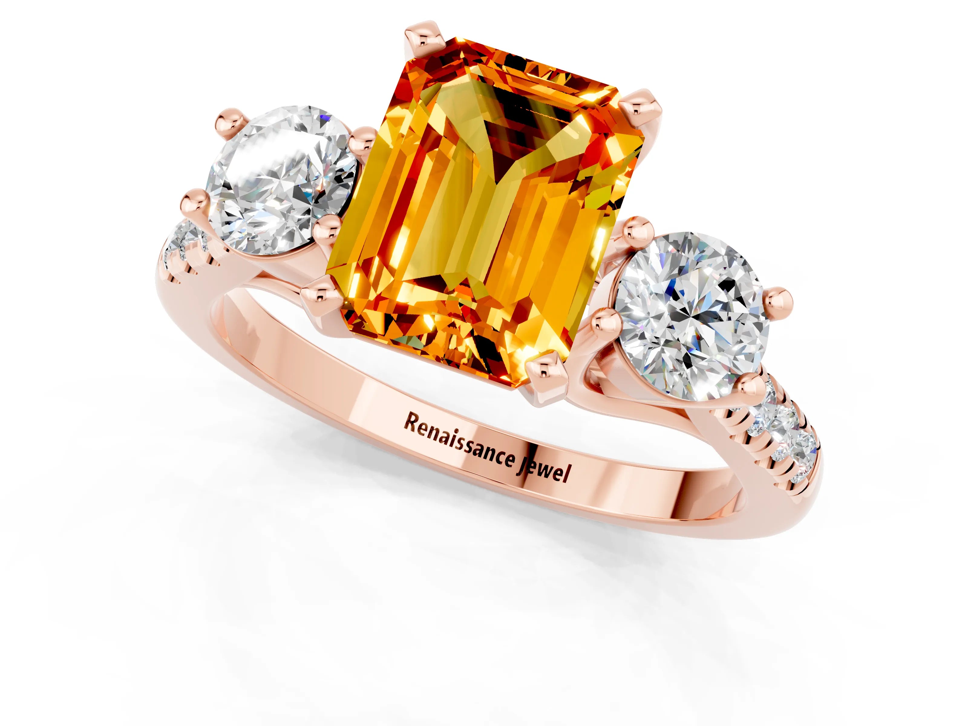 Rose gold Three-Stone Emerald Cut Citrine Pavé Band with Four-Prong Setting_1