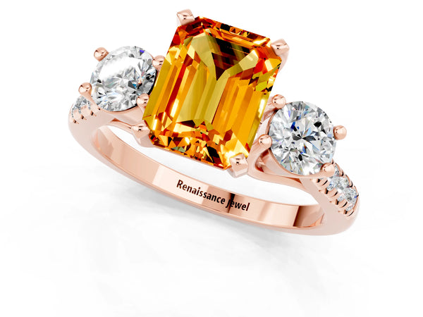 Rose gold Three-Stone Emerald Cut Citrine Pavé Band with Four-Prong Setting