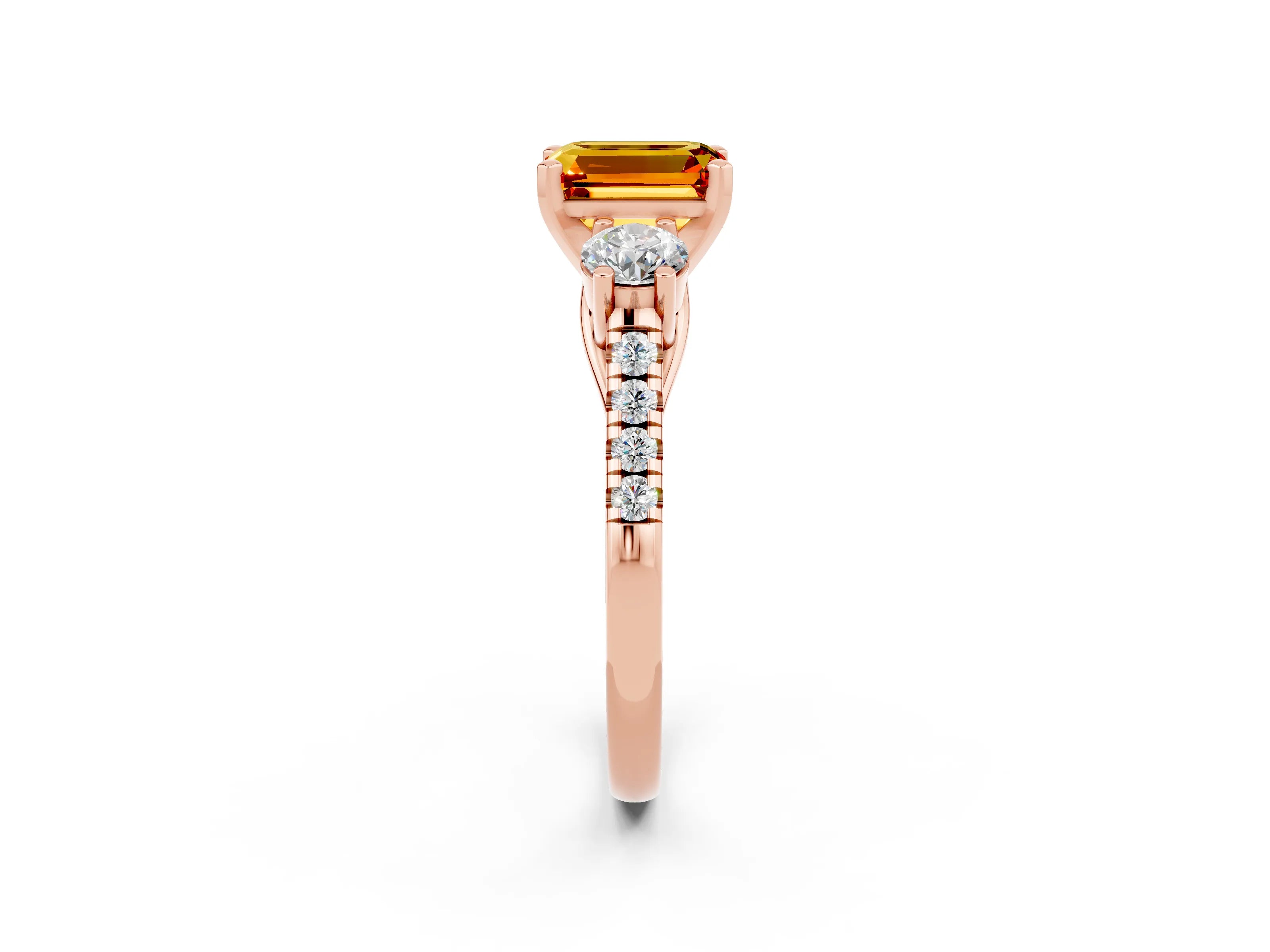 Rose gold Three-Stone Emerald Cut Citrine Pavé Band with Four-Prong Setting_2