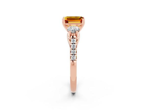 Rose gold Three-Stone Emerald Cut Citrine Pavé Band with Four-Prong Setting