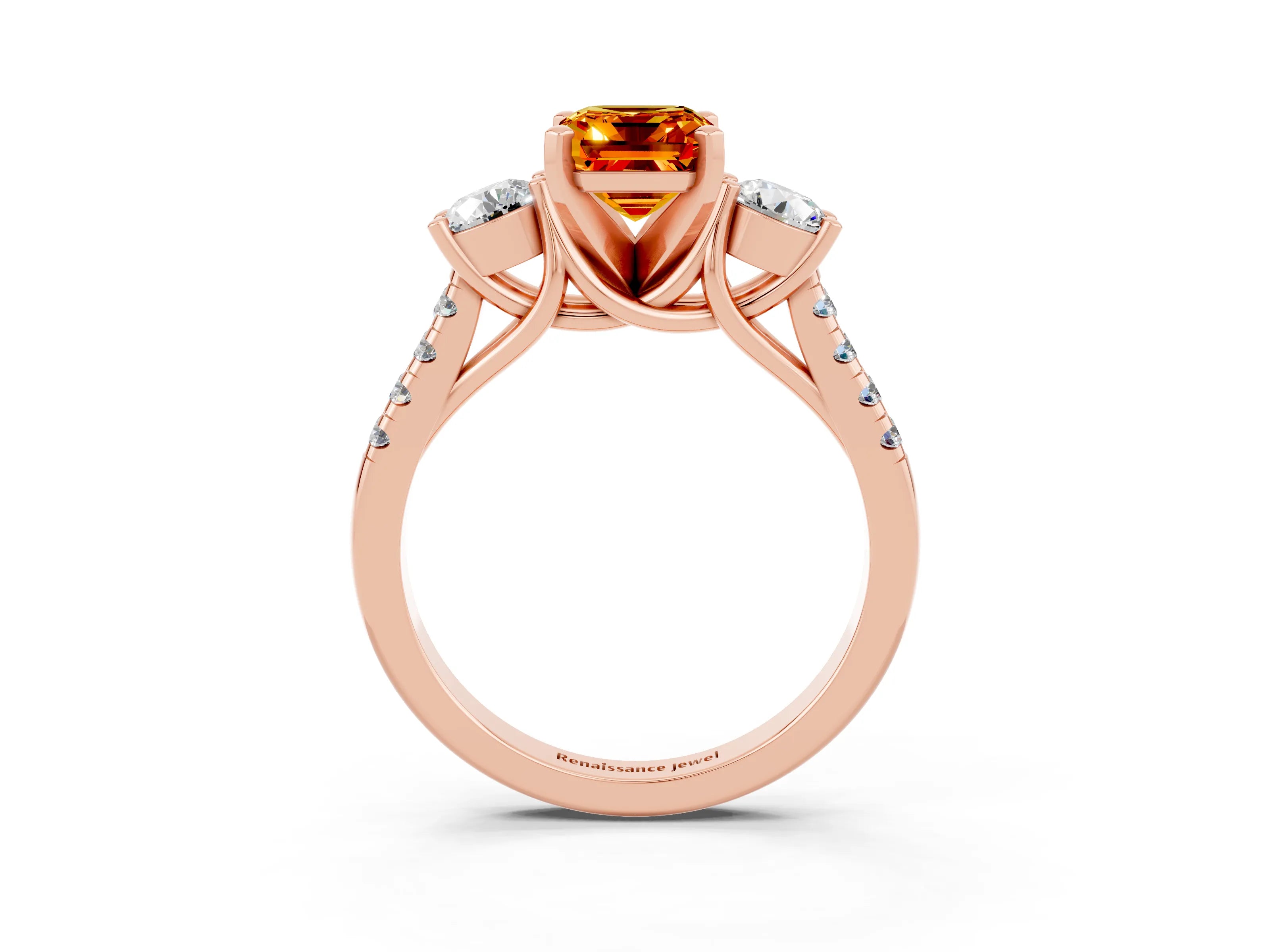 Rose gold Three-Stone Emerald Cut Citrine Pavé Band with Four-Prong Setting_3