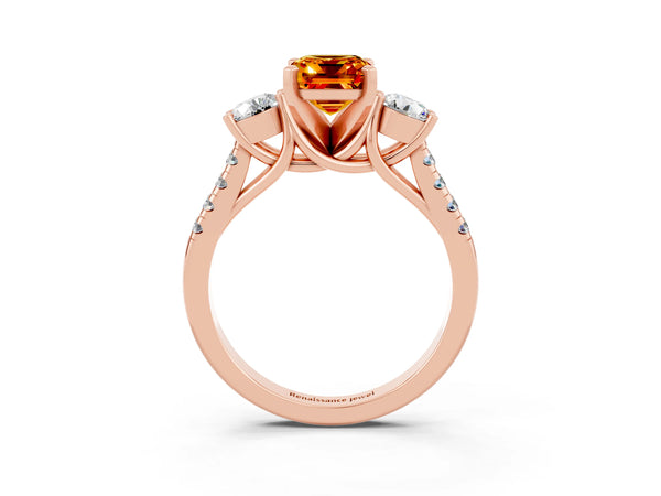 Rose gold Three-Stone Emerald Cut Citrine Pavé Band with Four-Prong Setting