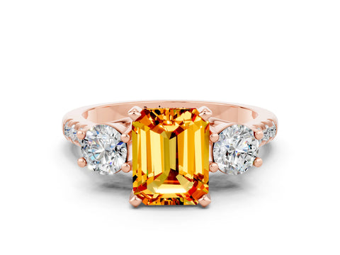 Rose gold Three-Stone Emerald Cut Citrine Pavé Band with Four-Prong Setting