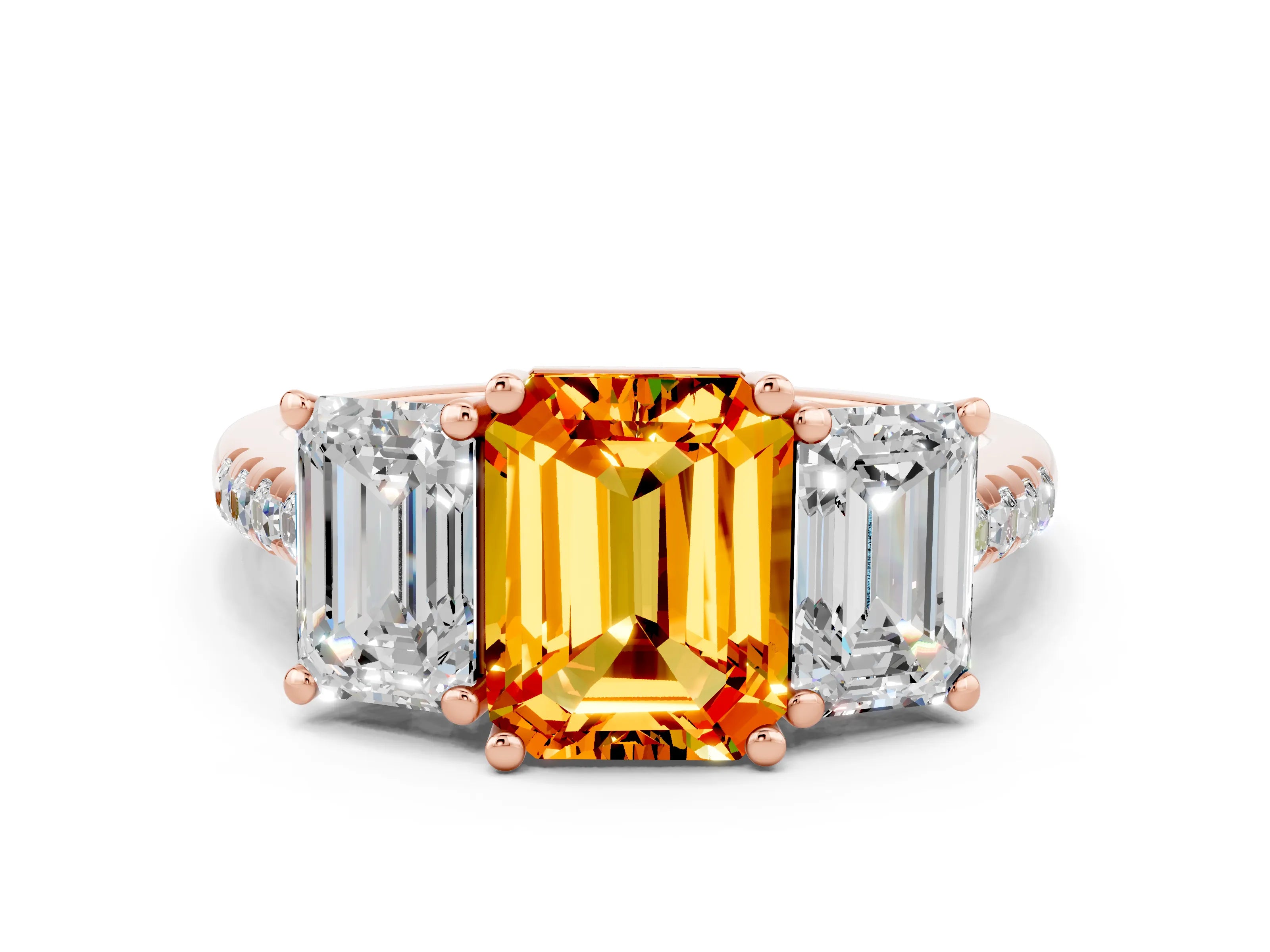 Rose gold Three-Stone Emerald Cut Citrine Ring with Pavé Band and Prong Setting_12