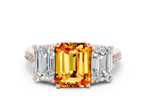 Rose gold Three-Stone Emerald Cut Citrine Ring with Pavé Band and Prong Setting_12