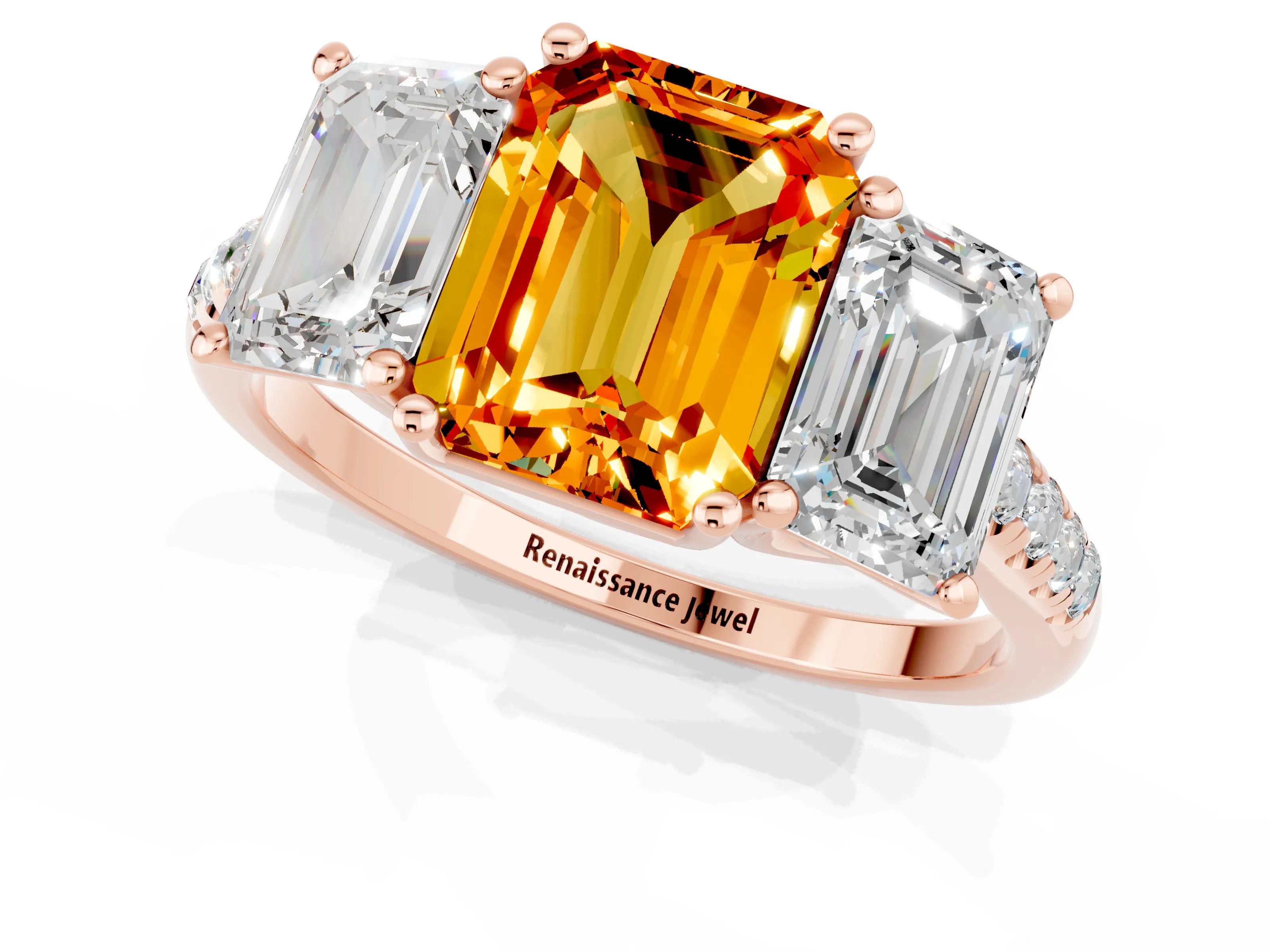 Rose gold Three-Stone Emerald Cut Citrine Ring with Pavé Band and Prong Setting_13