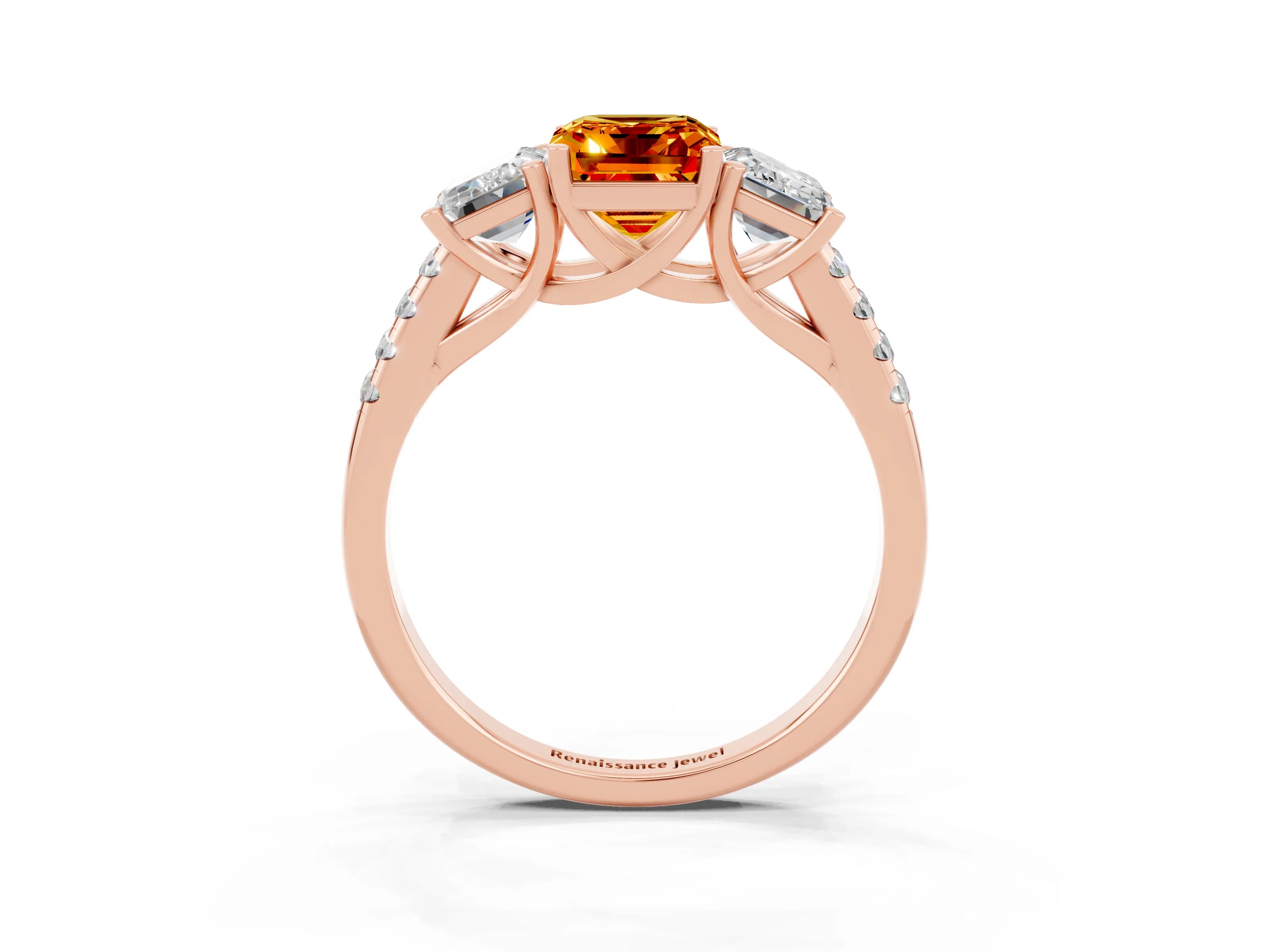 Rose gold Three-Stone Emerald Cut Citrine Ring with Pavé Band and Prong Setting_15