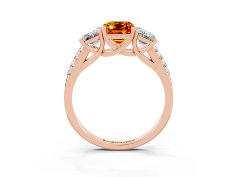 Rose gold Three-Stone Emerald Cut Citrine Ring with Pavé Band and Prong Setting_15