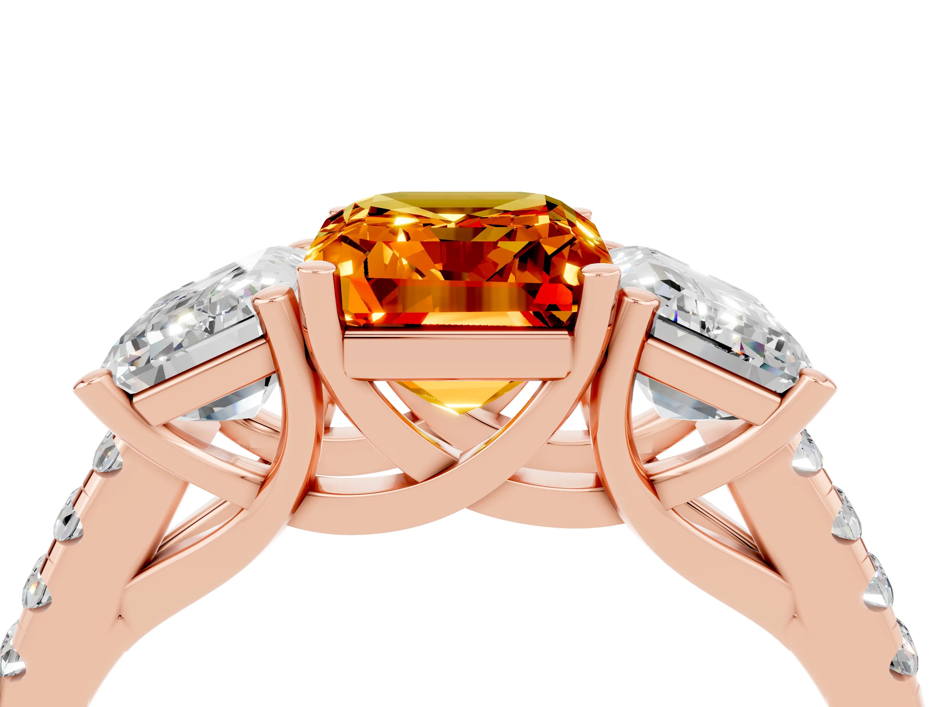 Rose gold Three-Stone Emerald Cut Citrine Ring with Pavé Band and Prong Setting_16
