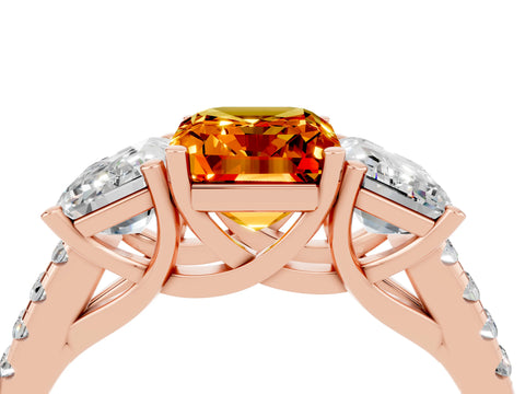 Rose gold Three-Stone Emerald Cut Citrine Ring with Pavé Band and Prong Setting_16