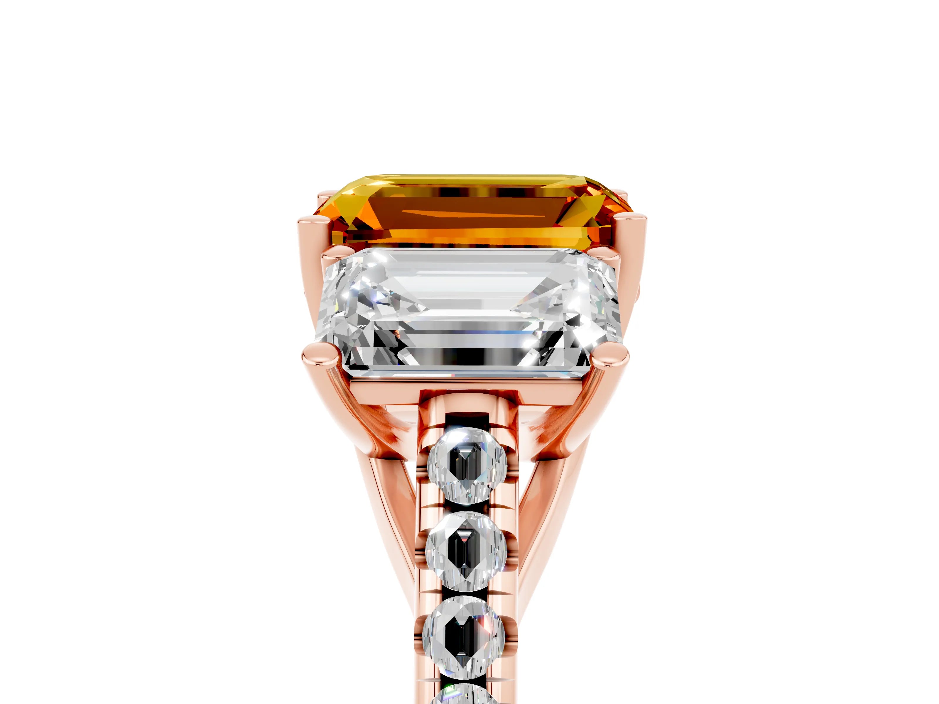 Rose gold Three-Stone Emerald Cut Citrine Ring with Pavé Band and Prong Setting_17