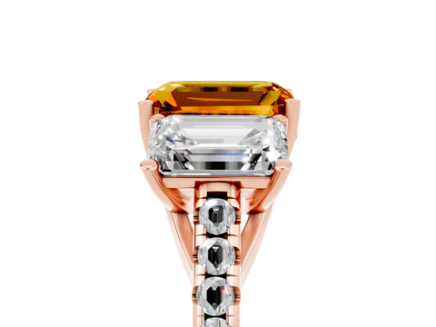 Rose gold Three-Stone Emerald Cut Citrine Ring with Pavé Band and Prong Setting_17