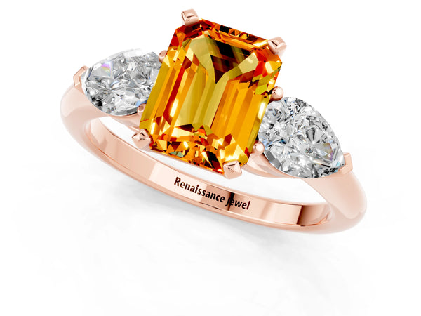 Rose gold Three-Stone Emerald Cut Citrine Ring with Pear Side Stones and Four-Prong Setting