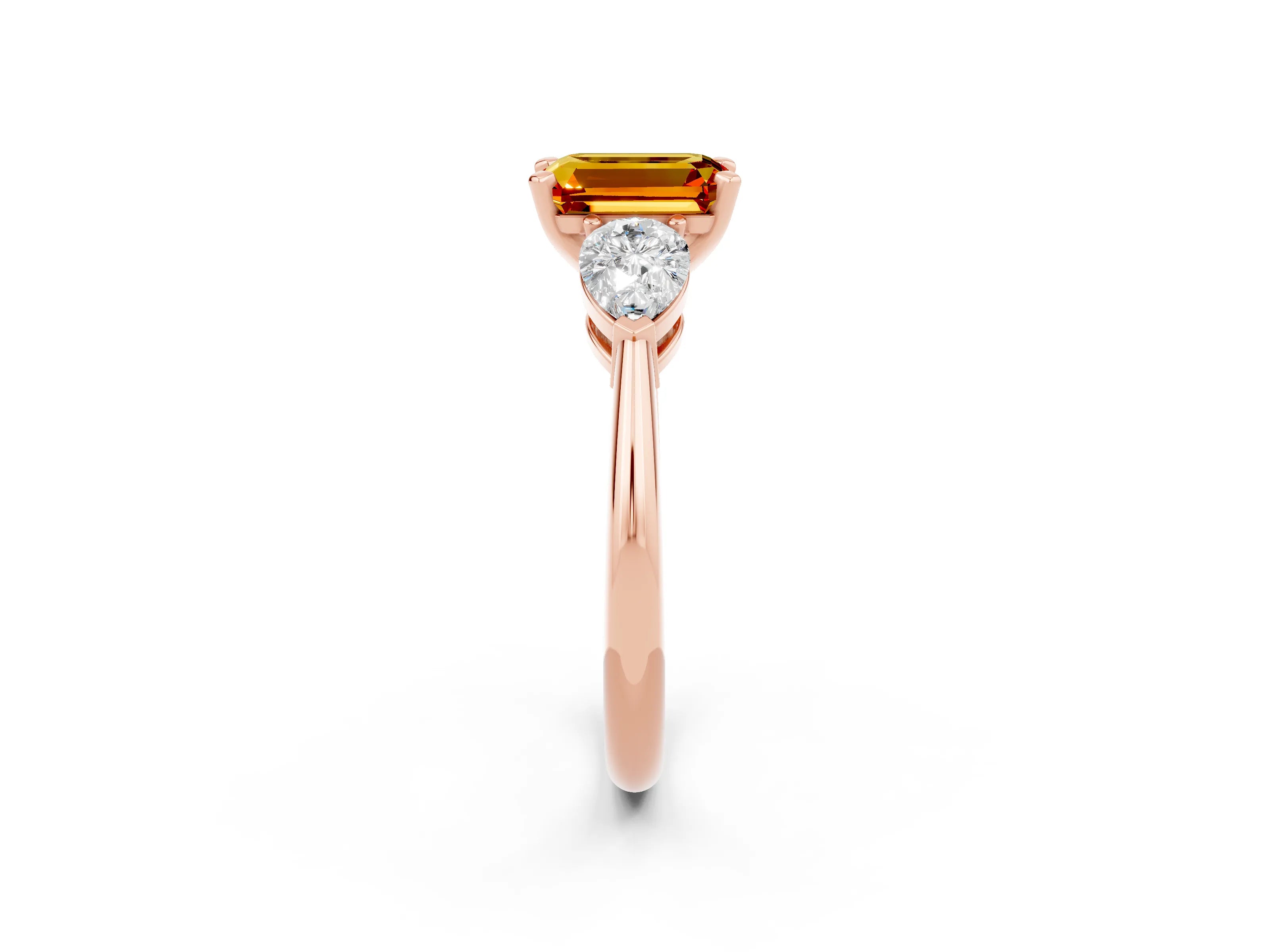 Rose gold Three-Stone Emerald Cut Citrine Ring with Pear Side Stones and Four-Prong Setting_2