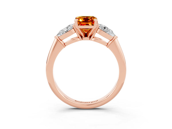 Rose gold Three-Stone Emerald Cut Citrine Ring with Pear Side Stones and Four-Prong Setting