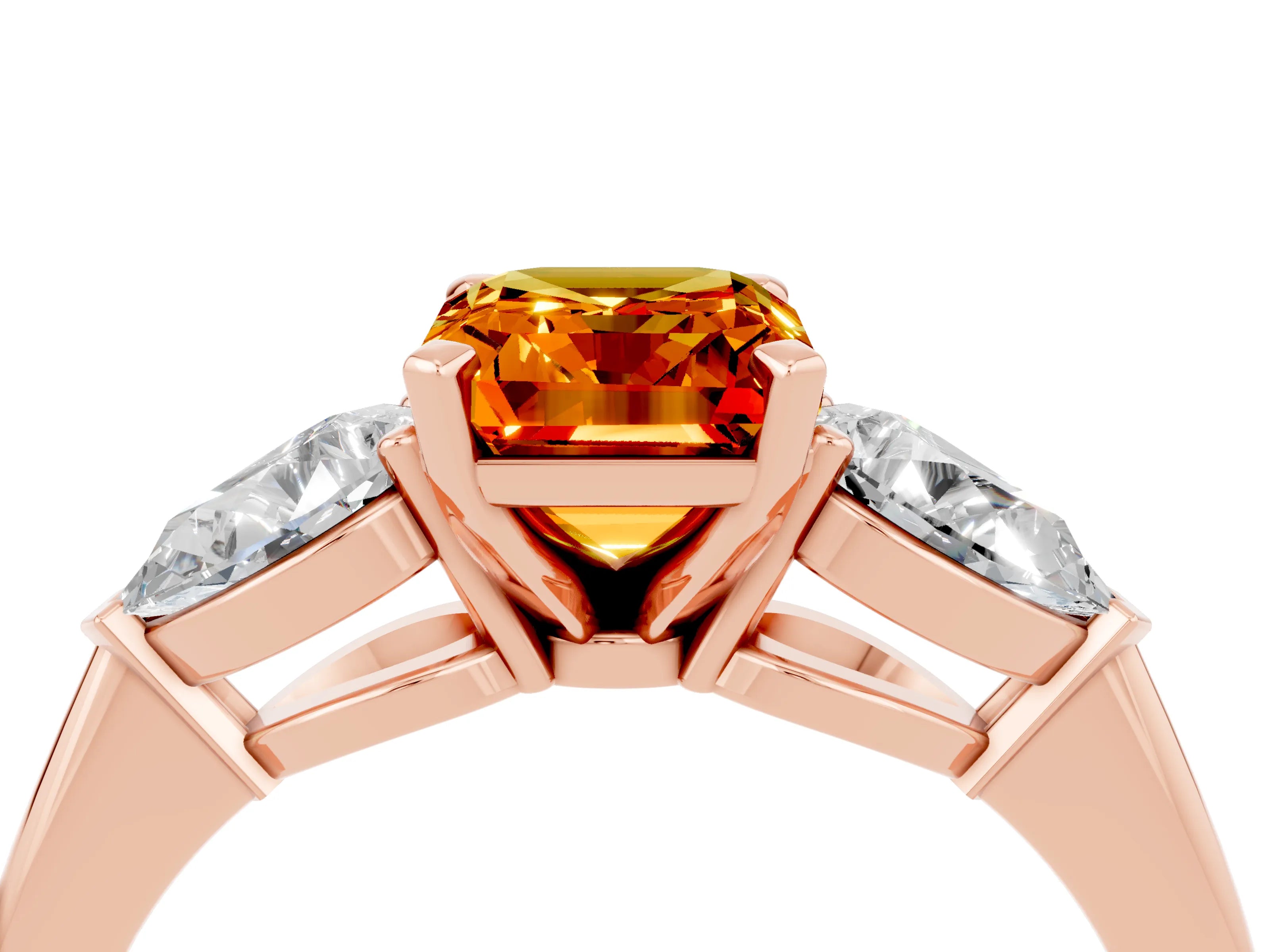 Rose gold Three-Stone Emerald Cut Citrine Ring with Pear Side Stones and Four-Prong Setting_4