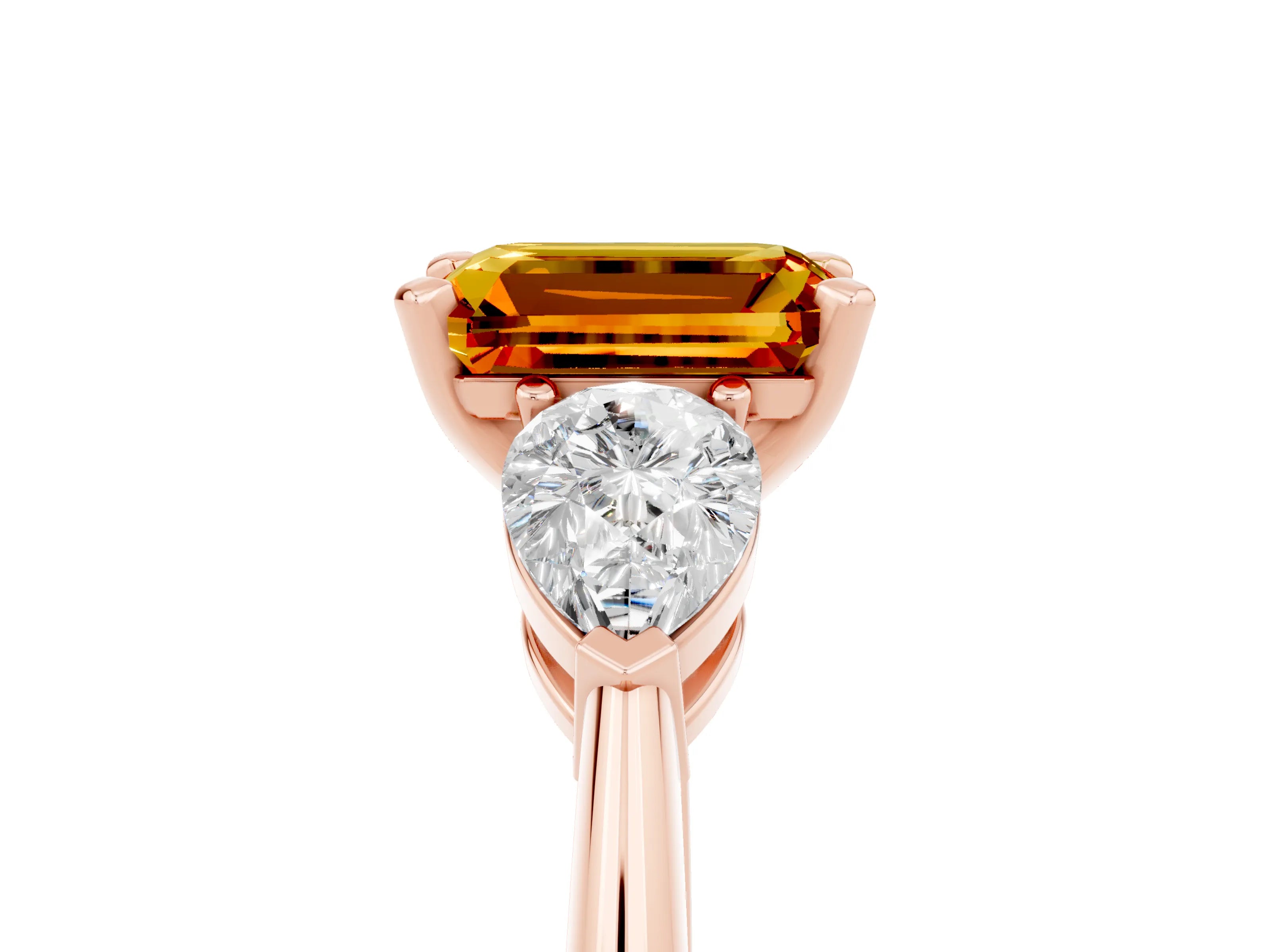 Rose gold Three-Stone Emerald Cut Citrine Ring with Pear Side Stones and Four-Prong Setting_5
