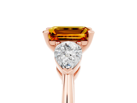 Rose gold Three-Stone Emerald Cut Citrine Ring with Pear Side Stones and Four-Prong Setting_5