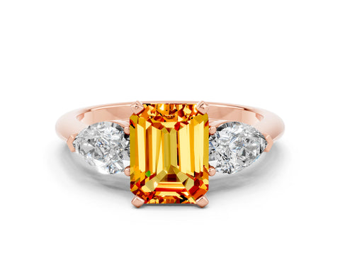 Rose gold Three-Stone Emerald Cut Citrine Ring with Pear Side Stones and Four-Prong Setting