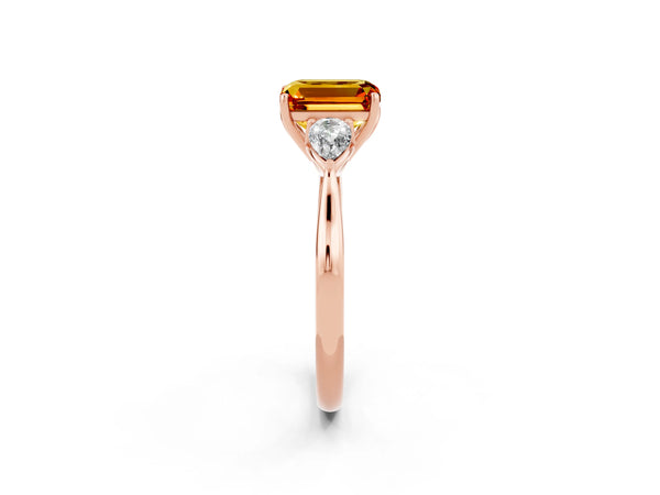 Rose gold Three-Stone Emerald Cut Citrine Ring with Pear  Side Stones in Four-Prong Setting