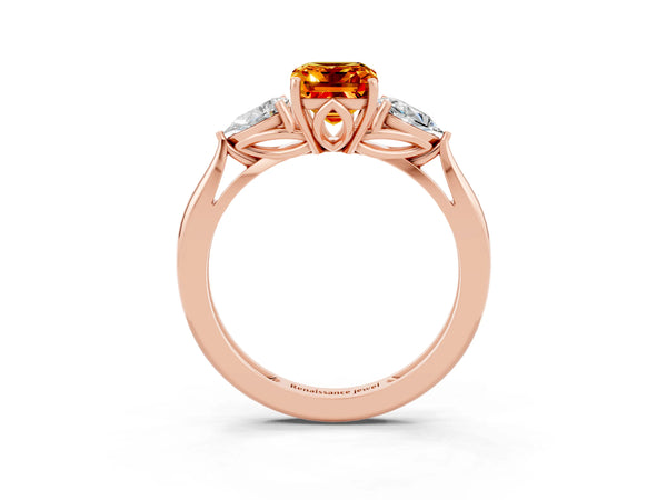 Rose gold Three-Stone Emerald Cut Citrine Ring with Pear  Side Stones in Four-Prong Setting