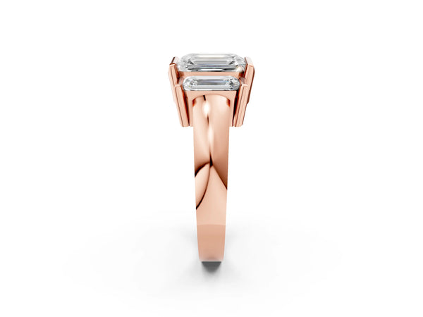 Rose Gold Emerald Cut Channel Set Three Stone Engagement Ring Setting with Wide Flat Band