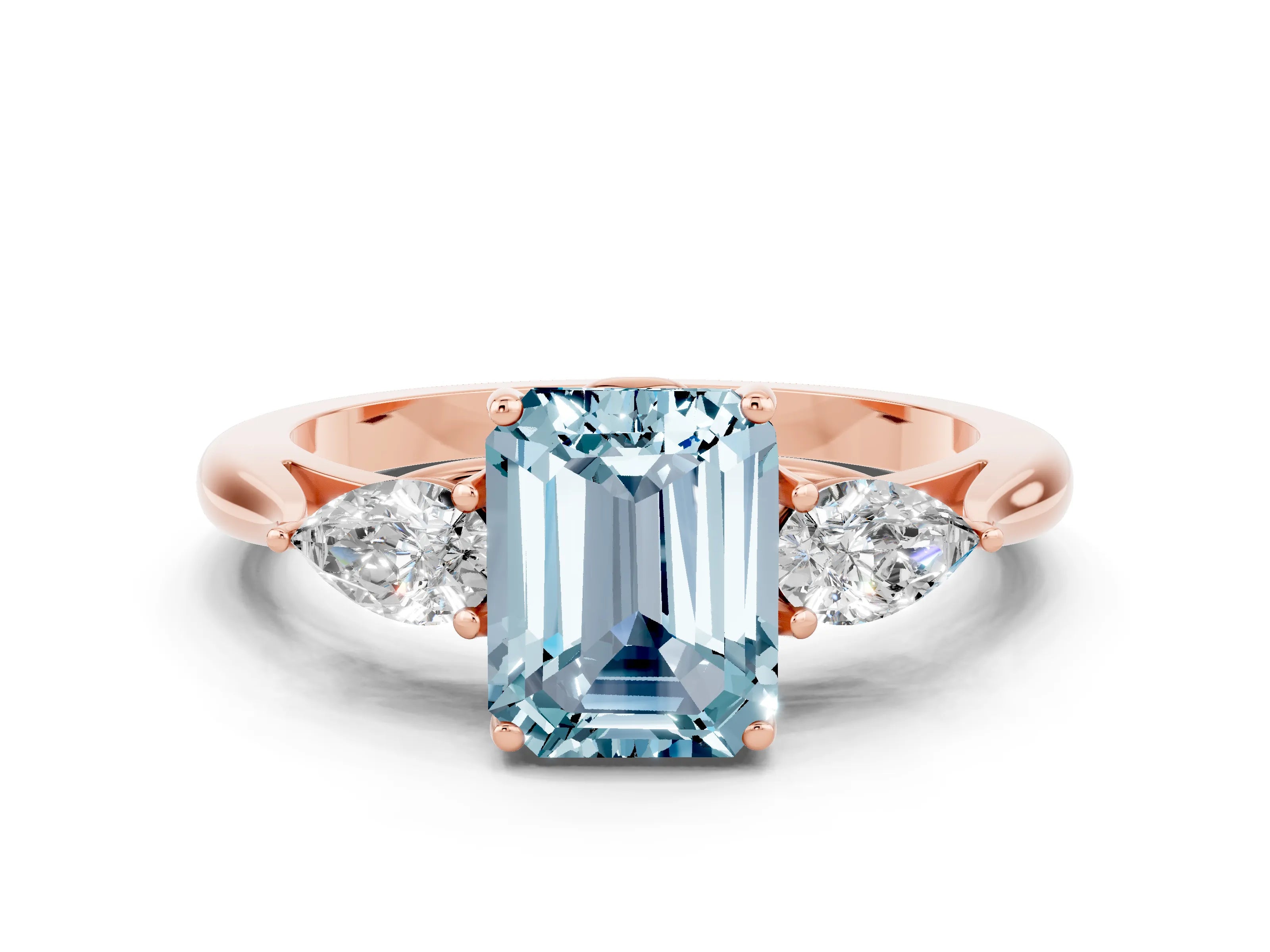 Rose gold Three-Stone Emerald Cut Cut Diamond Ring with Pear Side Stones in Four-Prong Setting