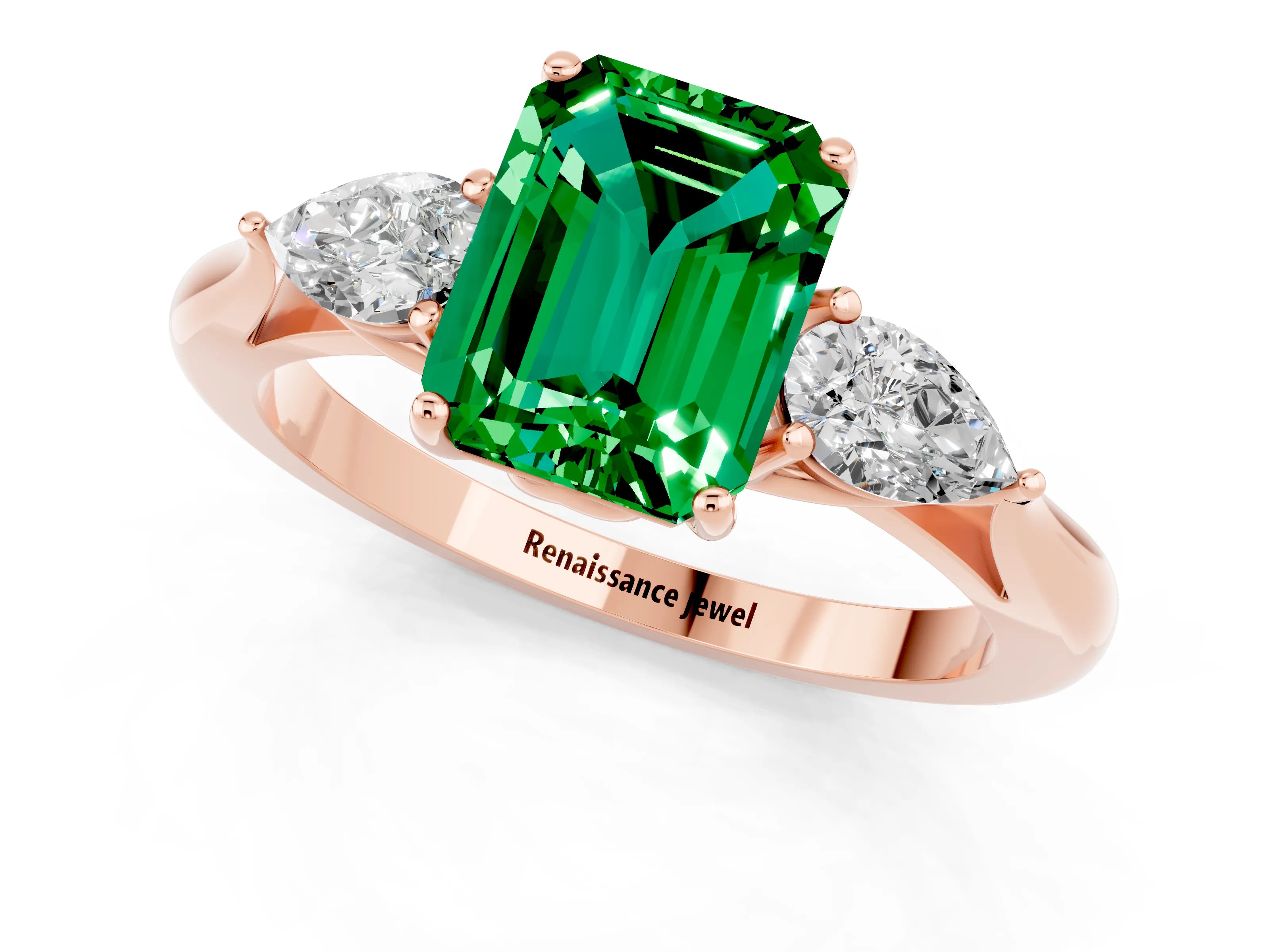 Rose gold Three-Stone Emerald Cut Cut Diamond Ring with Pear Side Stones in Four-Prong Setting_1