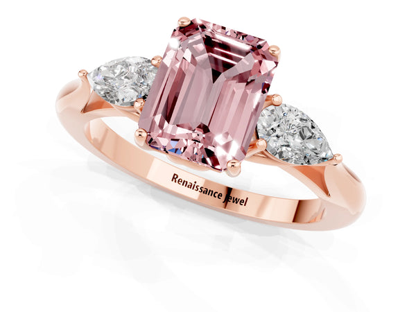 Rose gold Three-Stone Emerald Cut Cut Diamond Ring with Pear Side Stones in Four-Prong Setting