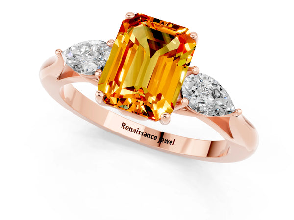 Rose gold Three-Stone Emerald Cut Citrine Ring with Pear  Side Stones in Four-Prong Setting