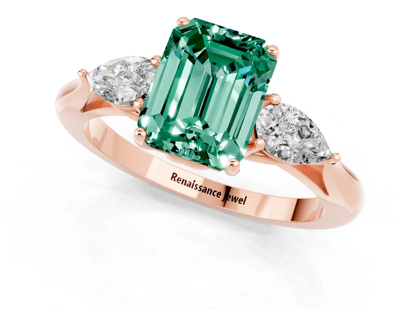 Rose gold Three-Stone Emerald Cut Green Sapphire Ring with Pear  Side Stones in Four-Prong Setting
