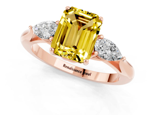 Rose gold Three-Stone Emerald Cut Yellow Sapphire Ring with Pear  Side Stones in Four-Prong Setting