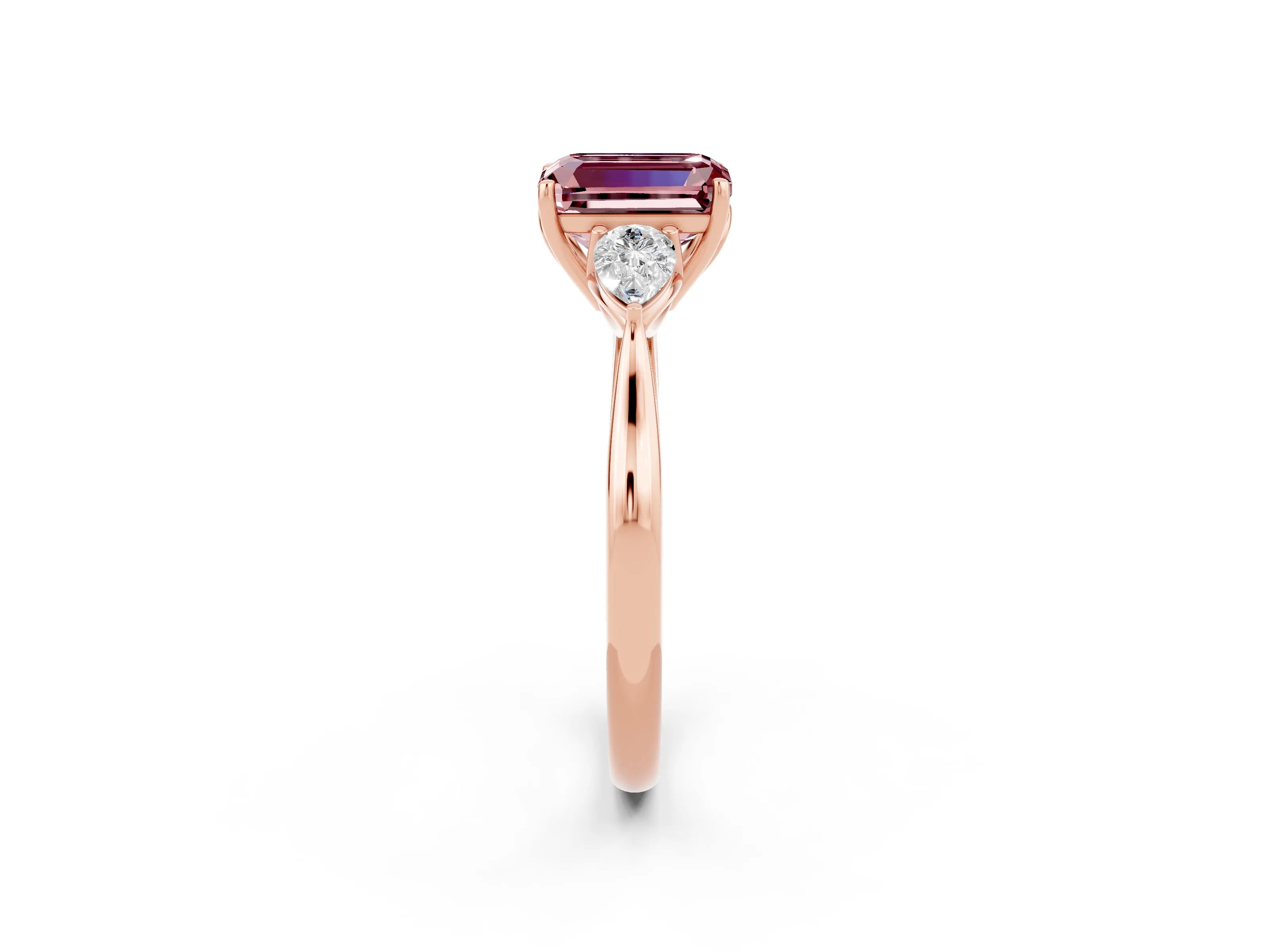 Rose gold Three-Stone Emerald Cut Cut Diamond Ring with Pear Side Stones in Four-Prong Setting_2