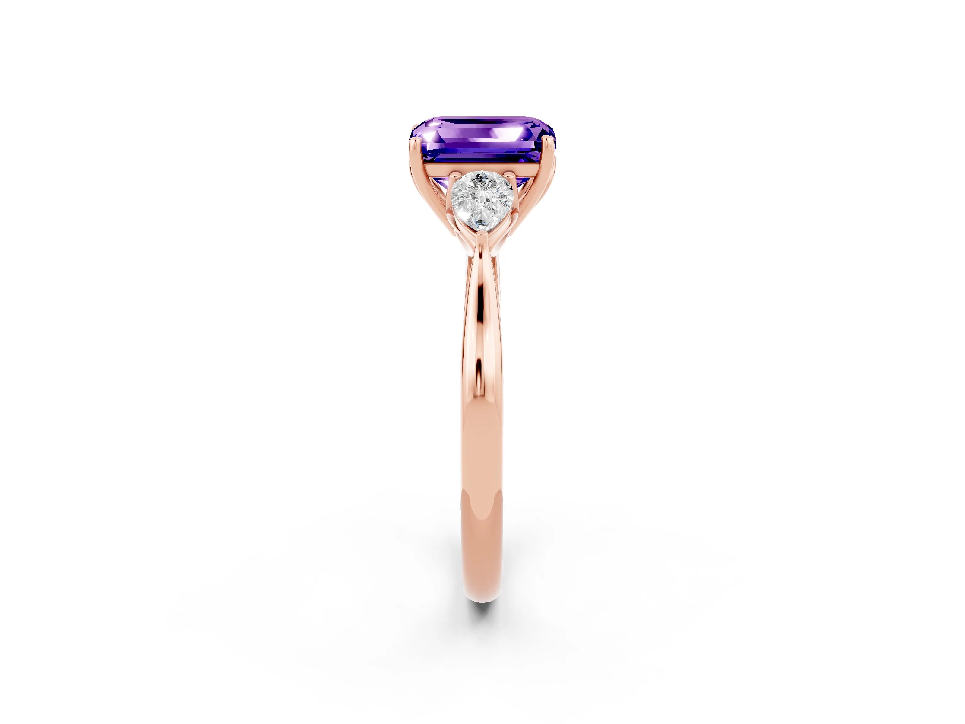 Rose gold Three-Stone Emerald Cut Cut Diamond Ring with Pear Side Stones in Four-Prong Setting_2