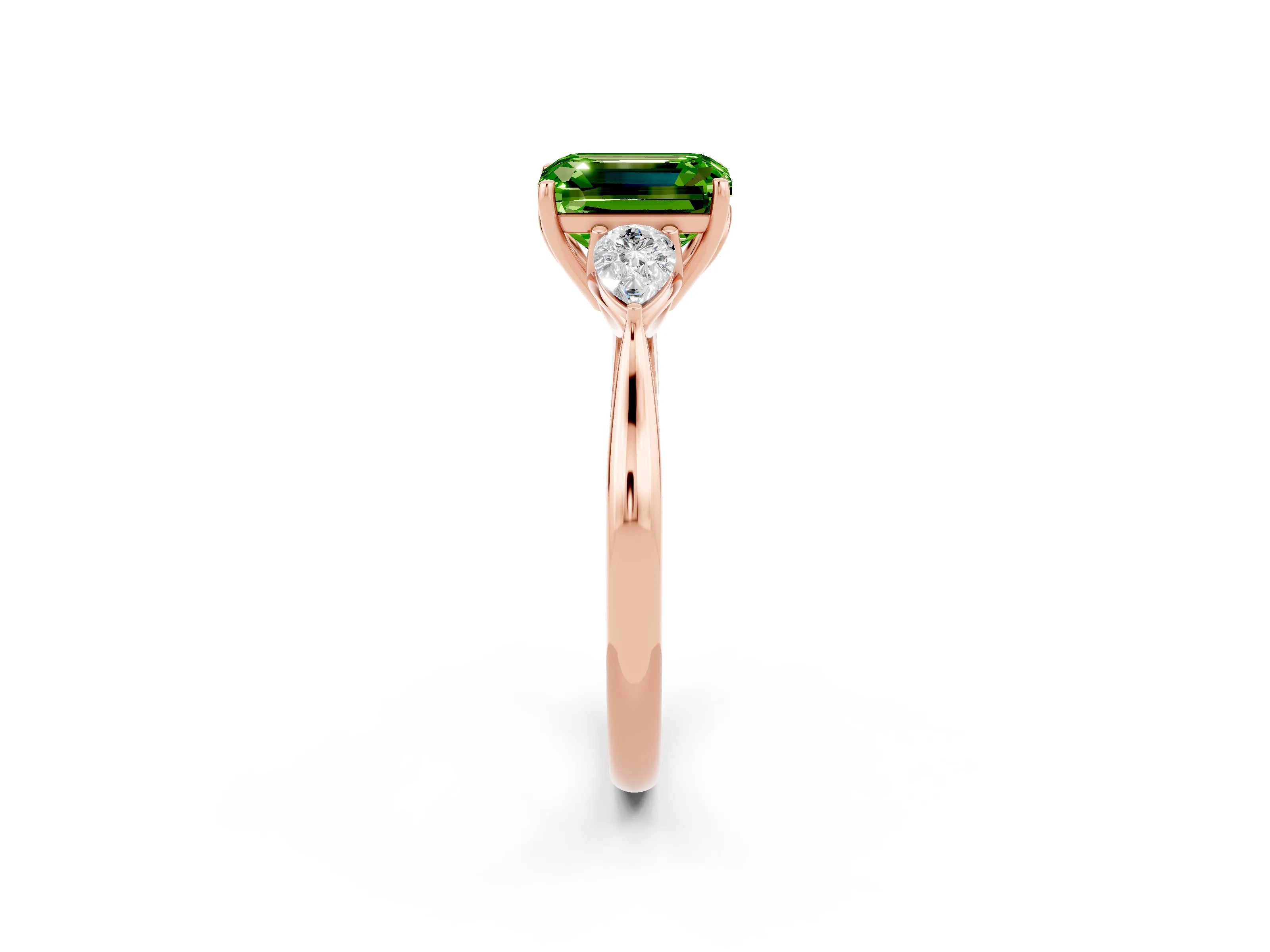 Rose gold Three-Stone Emerald Cut Cut Diamond Ring with Pear Side Stones in Four-Prong Setting_2