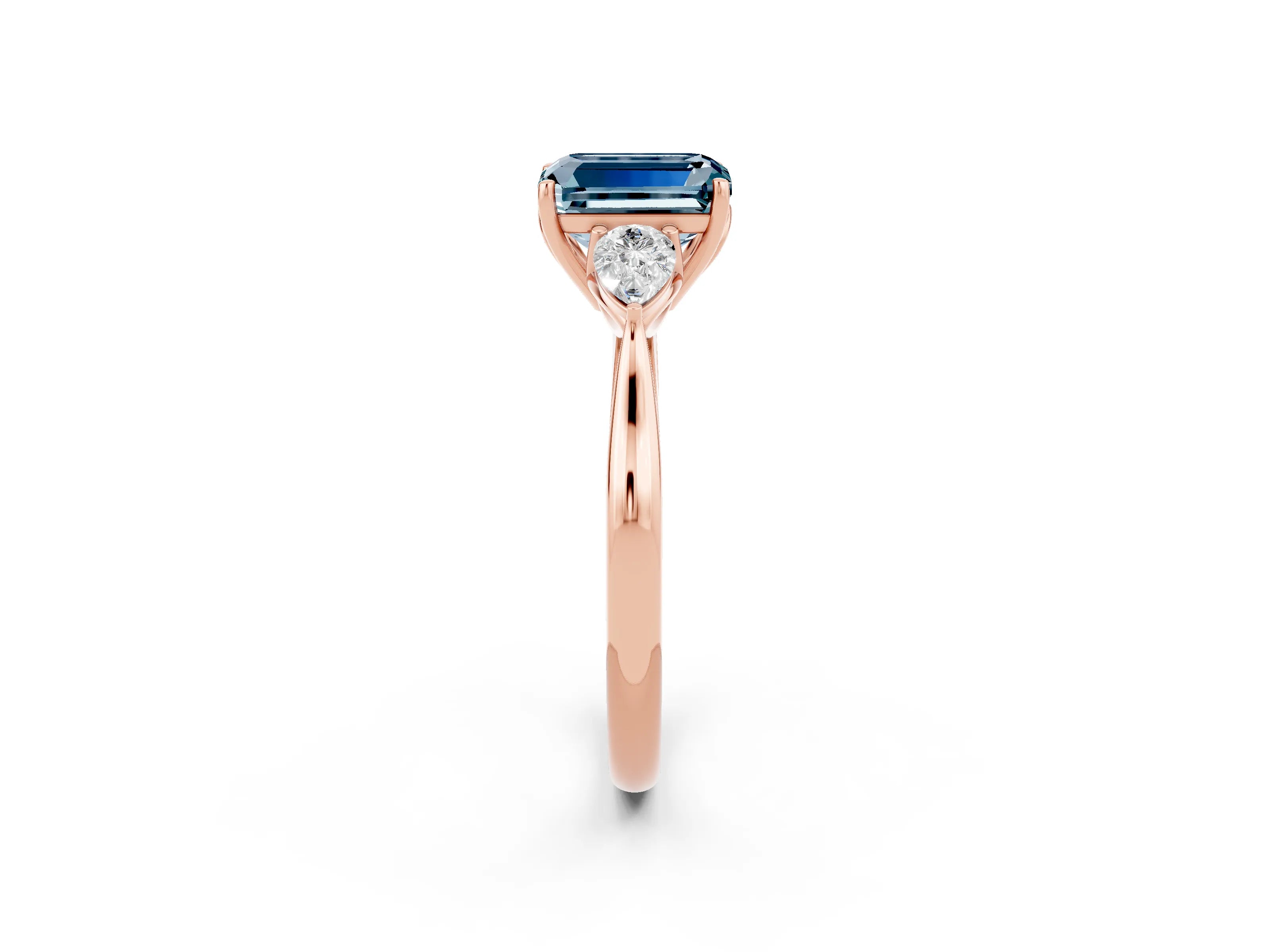 Rose gold Three-Stone Emerald Cut Cut Diamond Ring with Pear Side Stones in Four-Prong Setting_2