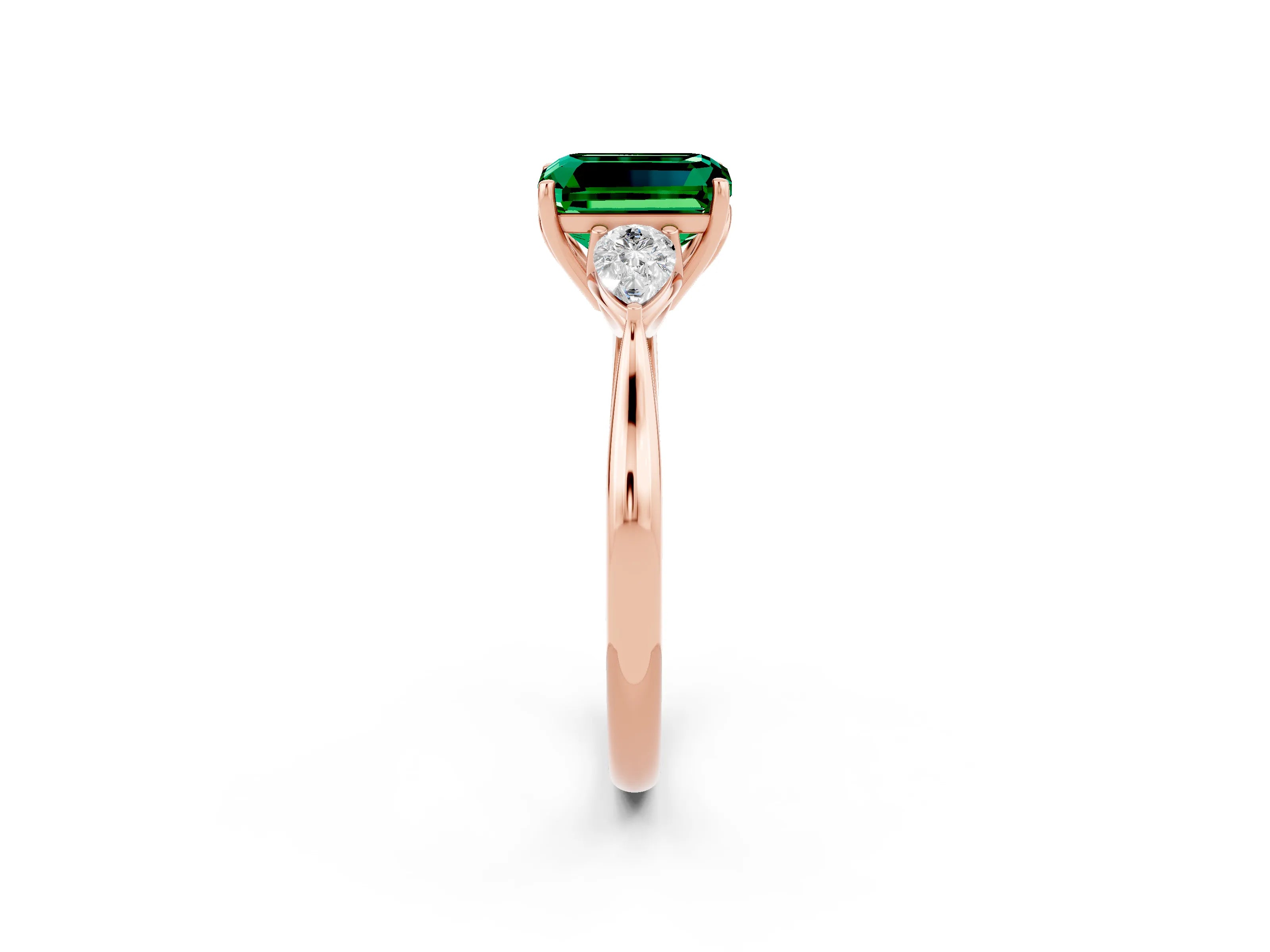 Rose gold Three-Stone Emerald Cut Cut Diamond Ring with Pear Side Stones in Four-Prong Setting_2