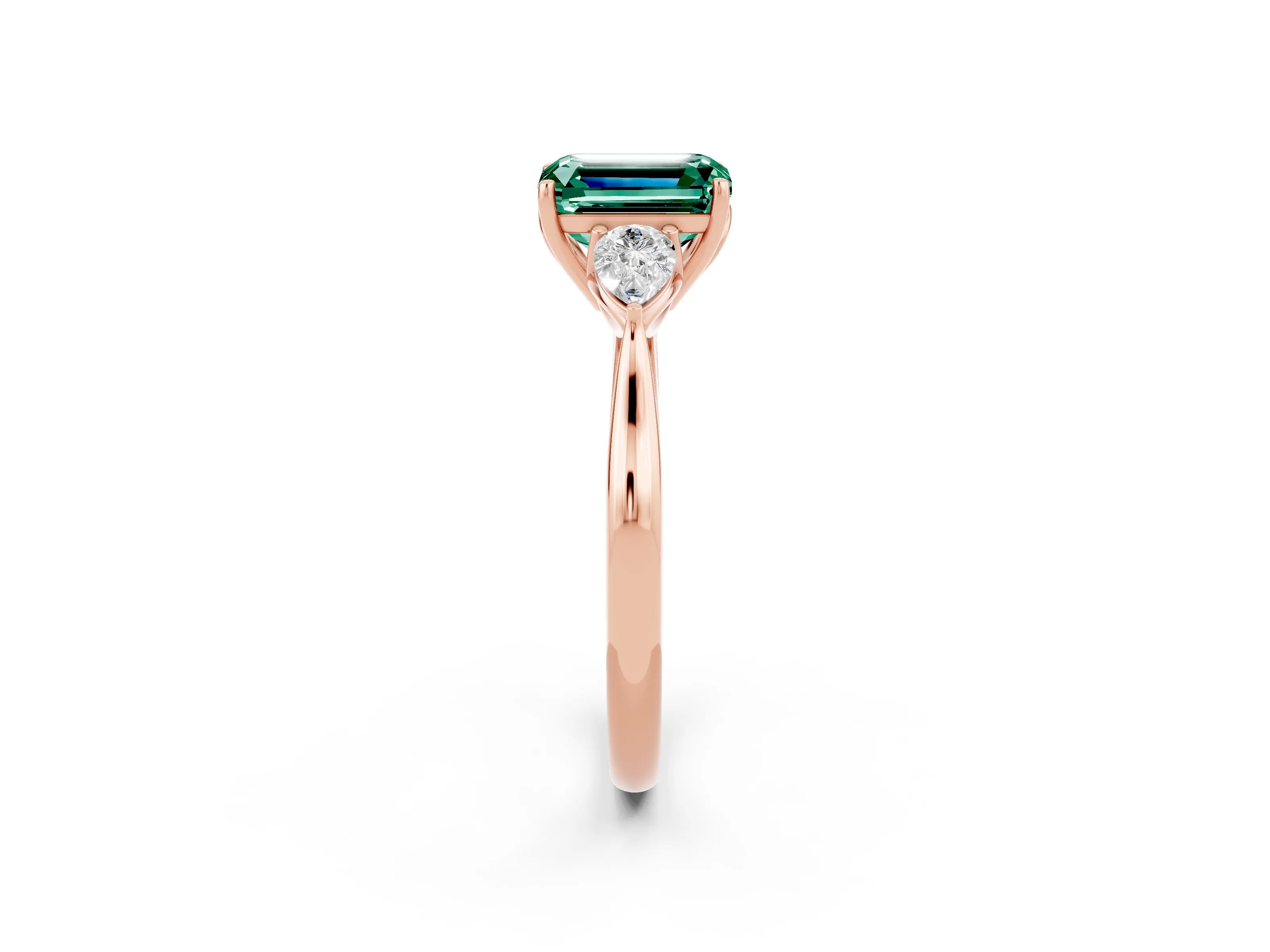 Rose gold Three-Stone Emerald Cut Cut Diamond Ring with Pear Side Stones in Four-Prong Setting_2