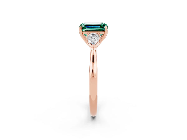 Rose gold Three-Stone Emerald Cut Green Sapphire Ring with Pear  Side Stones in Four-Prong Setting