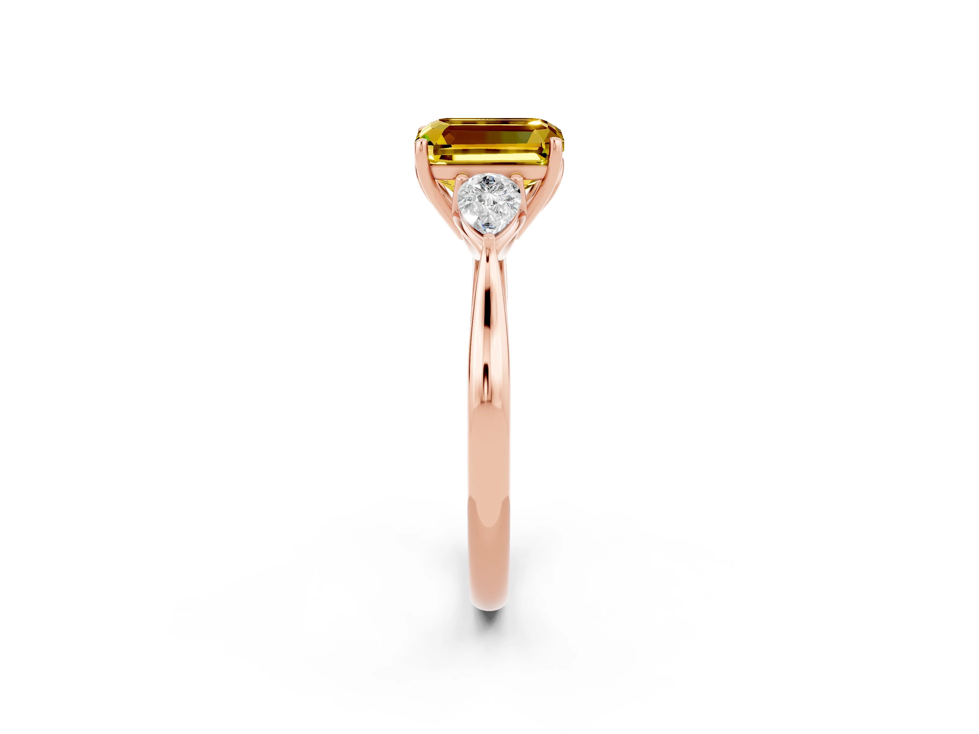 Rose gold Three-Stone Emerald Cut Cut Diamond Ring with Pear Side Stones in Four-Prong Setting_2
