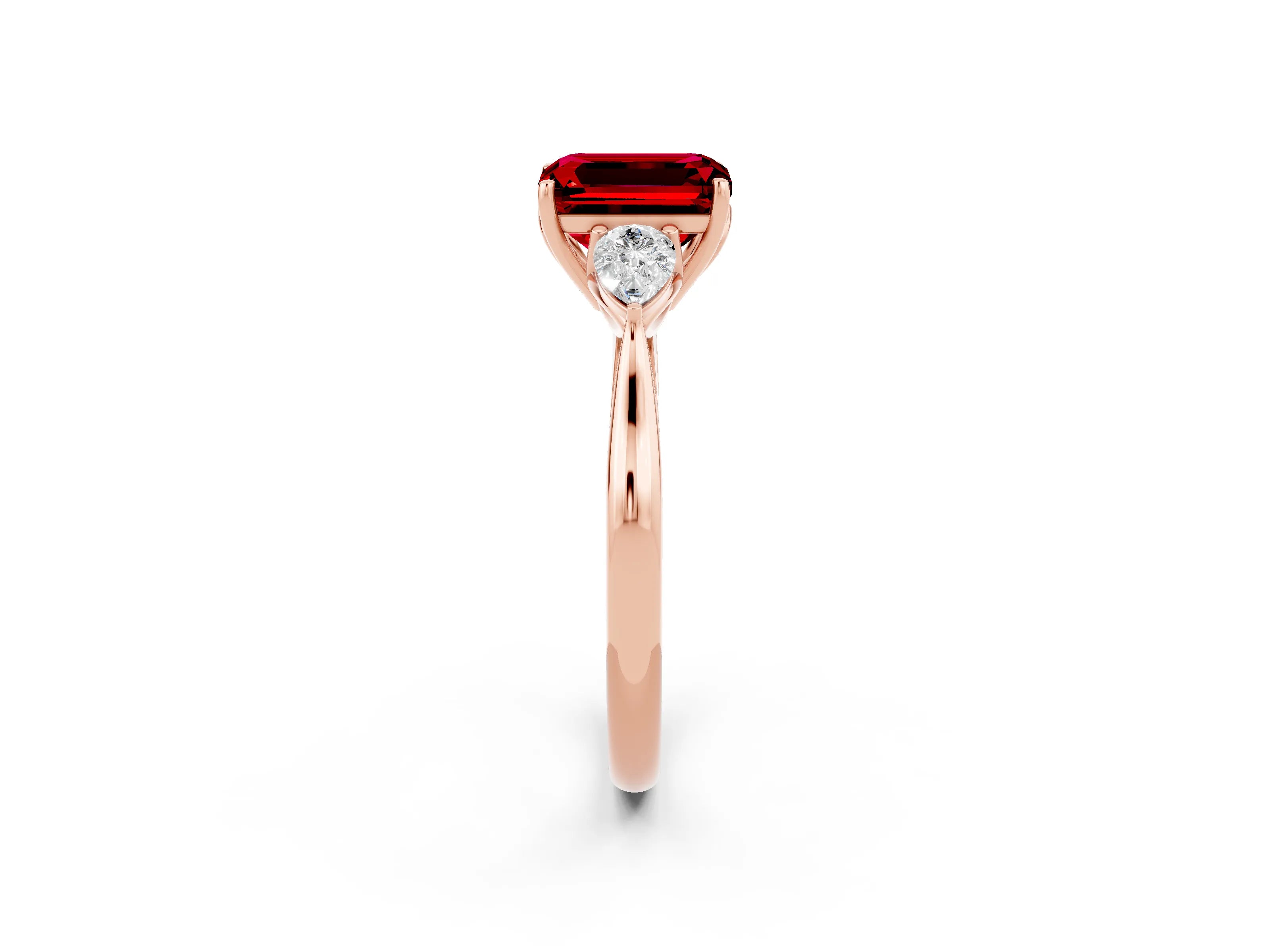 Rose gold Three-Stone Emerald Cut Cut Diamond Ring with Pear Side Stones in Four-Prong Setting_2