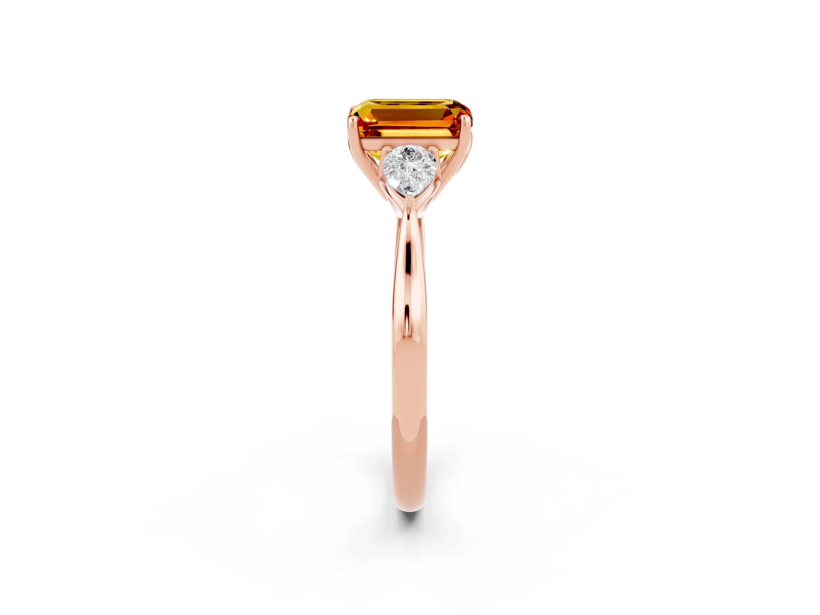 Rose gold Three-Stone Emerald Cut Cut Diamond Ring with Pear Side Stones in Four-Prong Setting_2