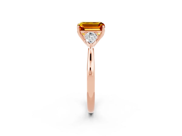 Rose gold Three-Stone Emerald Cut Citrine Ring with Pear  Side Stones in Four-Prong Setting