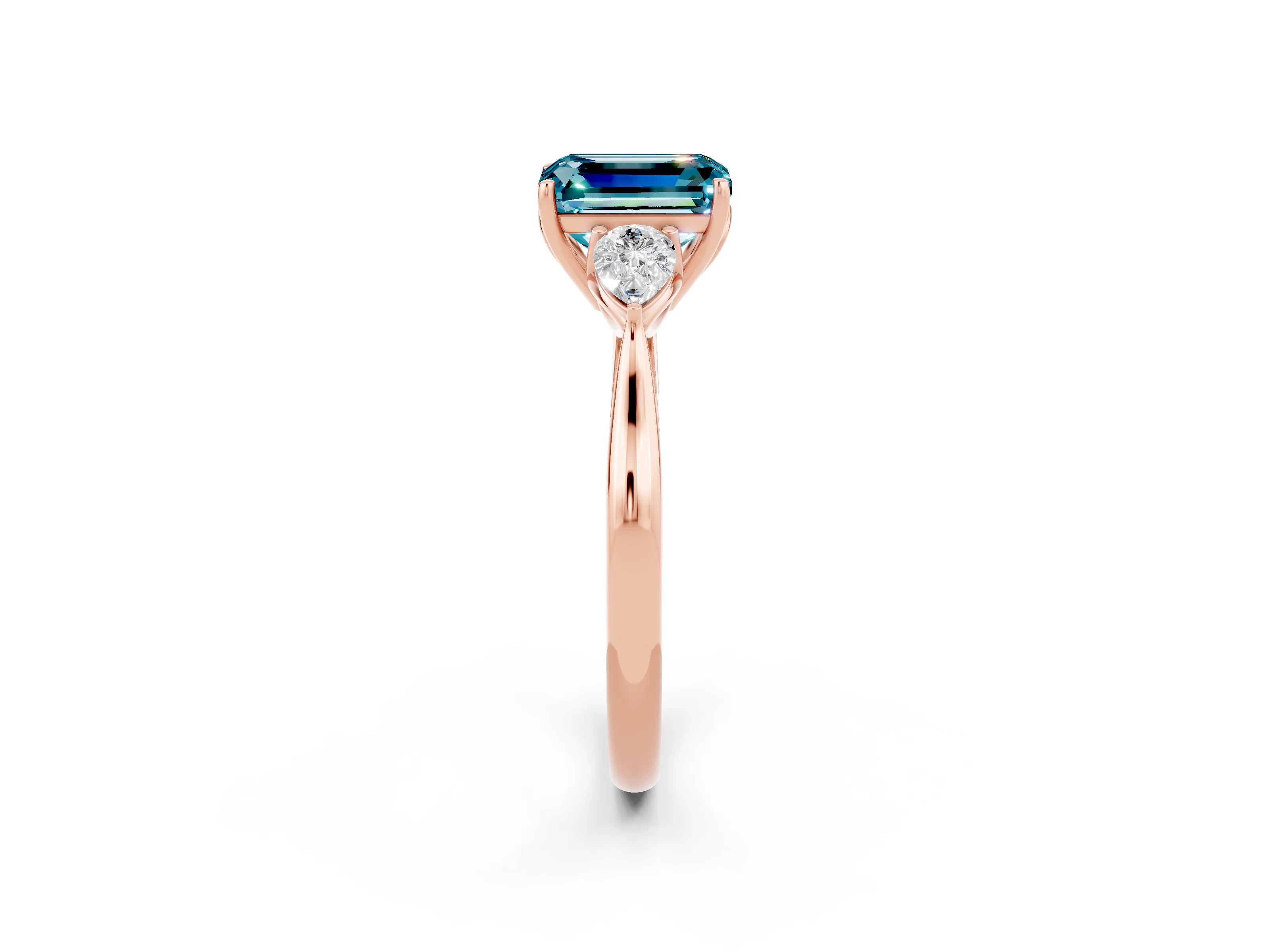Rose gold Three-Stone Emerald Cut Cut Diamond Ring with Pear Side Stones in Four-Prong Setting_2