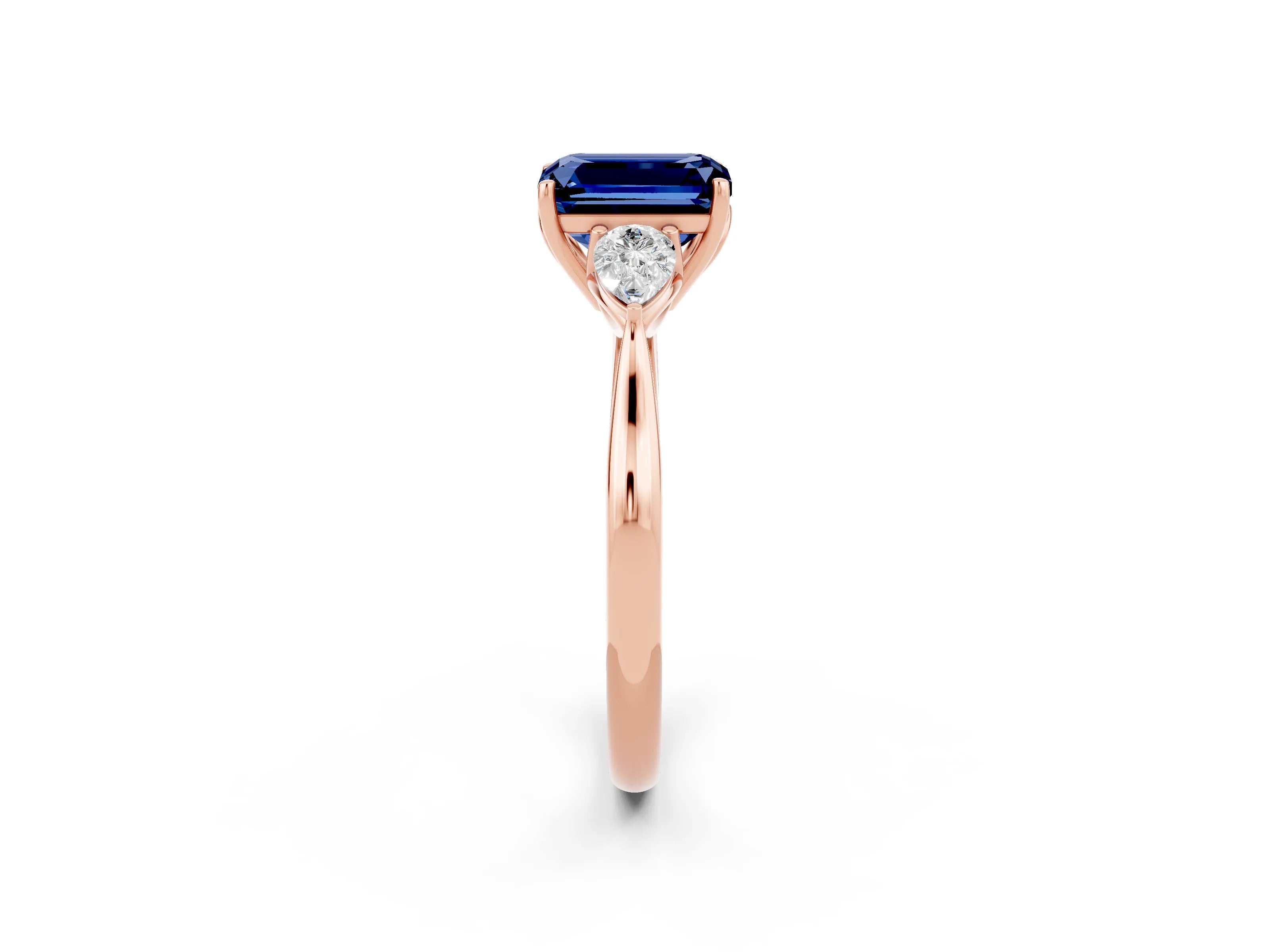 Rose gold Three-Stone Emerald Cut Cut Diamond Ring with Pear Side Stones in Four-Prong Setting_2